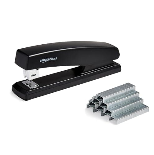 Image of Amazon Basics Stapler with 1000 Staples, 25 sheet capacity, anti-slip rubber base, Home, Office, Black