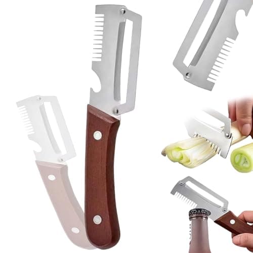 Image of 3 in 1 Multi Functional Vegetable Peeler with Scallion Slicer & Bottle Opener and Wooden Handle Stainless Steel Blade Kitchen Tool for Cane Potato Fruit Pineapple Pumpkin Papaya Carrot Veggie Peeler