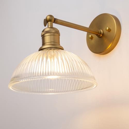 Image of Yosoan Industrial Wall Light with Clear Ribbed Glass Shade, Dome Wall Light for Kitchen Bedroom Living Room (Antique Gold)
