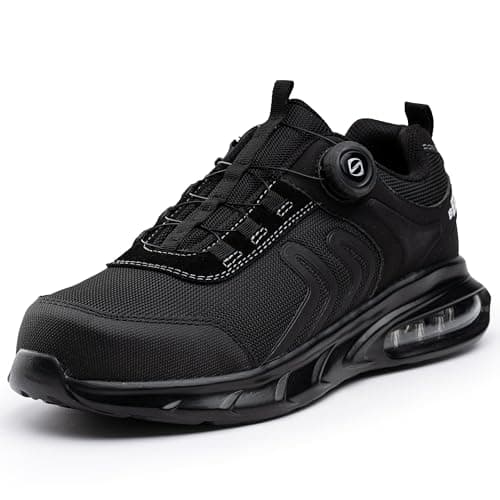 Image of Black Hammer Vortex Men's Work Trainers: Lightweight S1P Steel Toe Safety Shoes – Quick-Release Twist Lace, Water Resistant, Air Bubble Comfort Sole (10 UK) Black