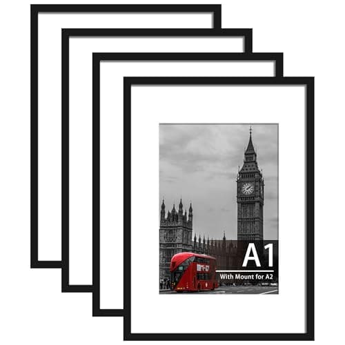 Image of Tinkeps 4 Pack A1 Black Picture Frame, Engineered Wood and Plexiglass, A1 Frame with Mount for A2 Prints, Photos, and Posters, Wall Mountable