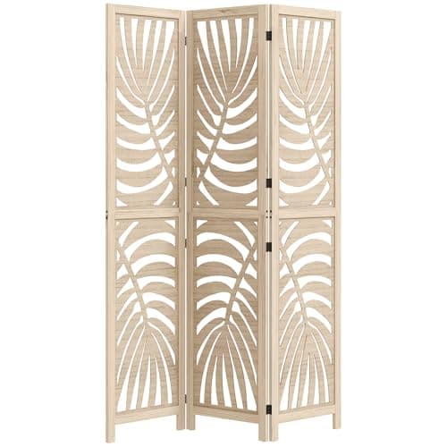 Image of HOMCOM 3 Panel Room Divider, Detachable Portable Folding Privacy Screens, Freestanding Partition Wall Dividers with Palm Leaf Design for Home Office, Bedroom, Natural Wood Finish