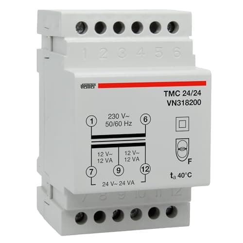 Image of VEMER VN318200 model TMC 24/24 DIN-rail mounting safety transformer for continuous service 230V/12-24V. Color Grey