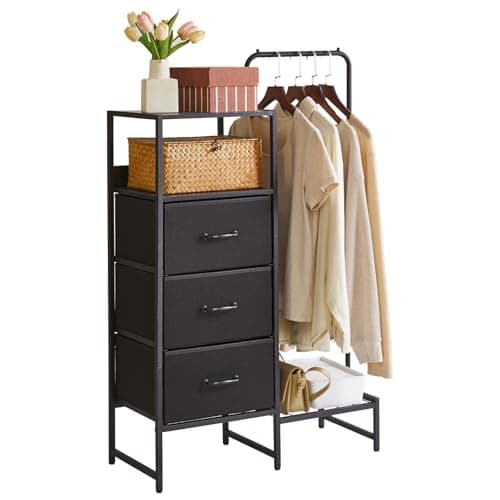 Image of Aibiju Chest of Drawers with Shelves and Hanging Rod, 3 Drawers Small Coat Hanger, Reversible Clothes Rack for Hallway Entryway Bedroom Living Room, Black YD-TM081B
