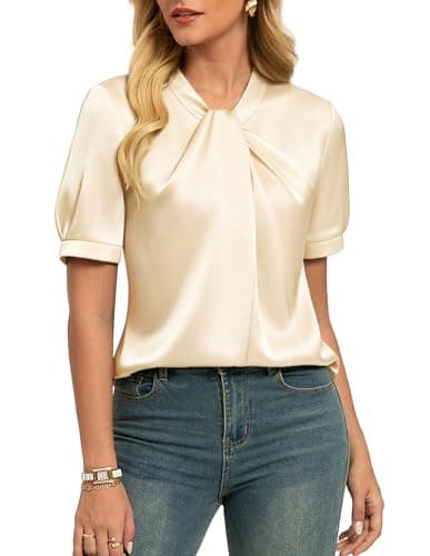 Image of GRACE KARIN Women Satin Blouse Short Sleeve Summer Top Elegant Silk Dressy Shirt Casual Office Work Tops for Ladies UK Light Apricot L