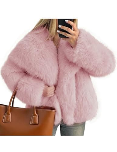 Image of Kissonic Women Faux Fur Coat Long Sleeve Lapel Open Front Shaggy Furry Jacket Warm Fluffy Short Outwear, Pink, XL