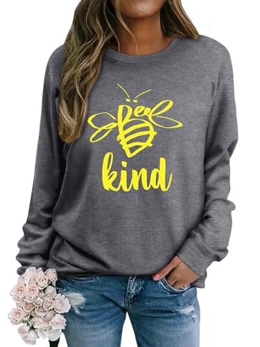 Image of WIEIYM Women's Sweatshirts Be Kind Sweatshirt Cute Bee Graphic Crewneck Sweatshirt Funny Long Sleeve Tops Basic Pullover for Spring Autumn Winter Grey