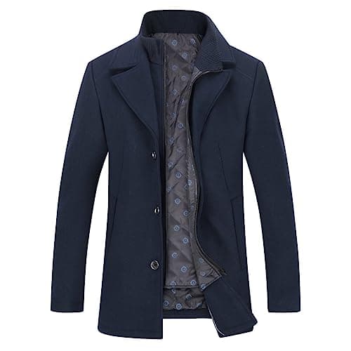 Image of YOUTHUP Men's Winter Coat with Removable Gilet Thick Warm Wool Trench Coat, #1953 Blue, M