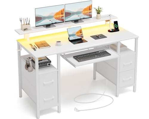Image of Seventable Gaming Desk 120 cm with USB Sockets & Ports, RGB LED, Desk with Storage and 4 Fabric Drawers, Ergonomic Keyboard Tray and Adjustable Monitor Stand,White