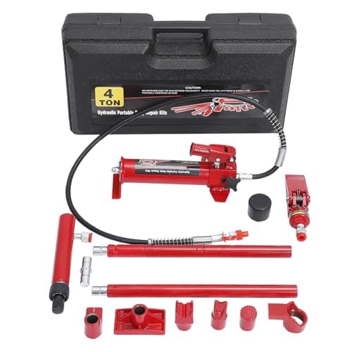 Image of 4/10/12 Ton Porta Power Hydraulic Ram Kit with Pump, 1.4m Oil Hose, Auto Body Frame Repair Car Jack Set, Portable Heavy Duty Tool with Storage Case for Garage Truck Farm