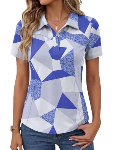 Image of IECCP Womens Short Sleeve Golf Polo Shirts Cotton Collared Quick Dry Lightweight Moisture Wicking T-Shirt Summer Work Casual Tennis Tops 3 Buttons 2026 (Blue White Floral,M)