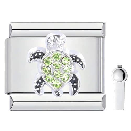Image of ZEKW Personalized Marine Life Charm – 9mm Stainless Steel Italian Link Bracelet Accessory with Installation Tool (Green Turtle)