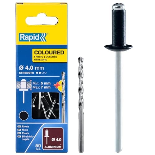 Image of Rapid High Performance Black Aluminium Rivets, Ø4 x 10 mm - 4mm Rivets for Gutters, Piping, and Sheet Metal - Includes Drill - 50 Pieces, Carton Boxed (5001466)