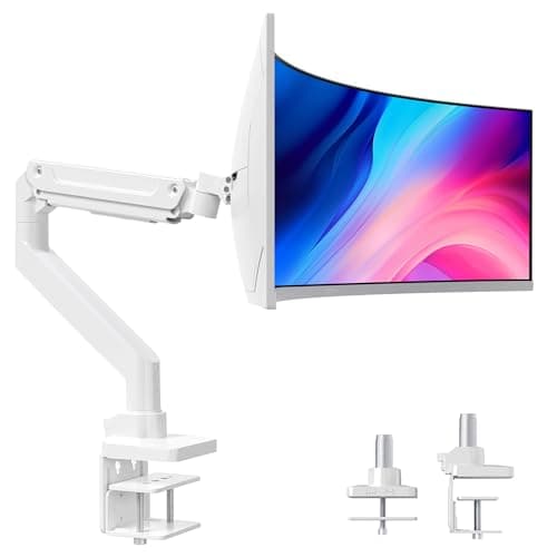 Image of Claiks Heavy-Duty Single Monitor Arm for 17-49'' Ultrawide Curved Screen, Load 20kg, Height Adjustable Monitor Desk Mount with Tilt Swivel Rotate, Gas Spring, VESA 75/100mm, White