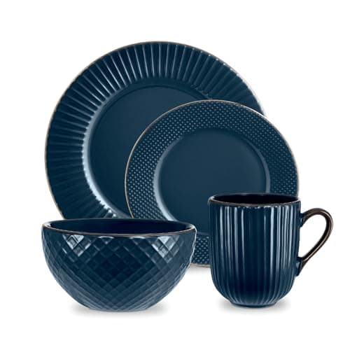 Image of Tower Empire 16 Piece Dinnerware Set, Stoneware, Midnight Blue & Brass, T867002MNB