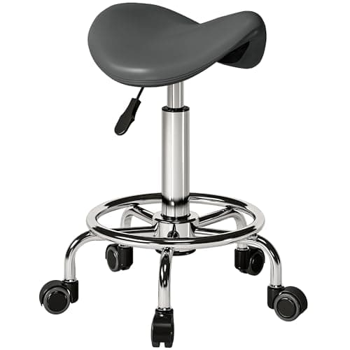 Image of HOMCOM Saddle Stool, PU Leather Adjustable Rolling Salon Chair for Massage, Spa, Clinic, Beauty, Hairdressing and Tattoo, Grey