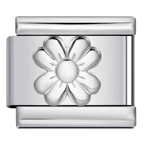 Image of Mon & Sons Daisy Flower Embossed Silver Italian 9mm Link Stainless Steel Bracelet Charm Compatible With 9mm Link
