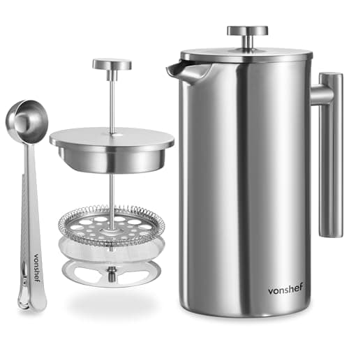 Image of VonShef 12 Cup Cafetiere, 1.5L Double Walled Stainless Steel French Press with 2-in-1 Measuring Spoon Bag Sealing Clip, Durable Filter Coffee Maker