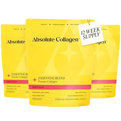 Image of Absolute Collagen Essential Blend Halal Powder Collagen | Berry Flavour | 8000mg Collagen (5000mg Bovine & 3000mg Marine) | 60mg Vitamin C | Supports Hair, Nail & Skin Health | 12 Week Supply