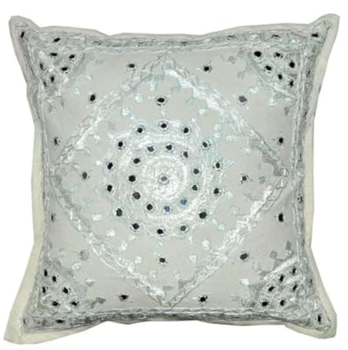 Image of Sophia Art Home Furnishing Decorative Heavy Handmade Embroidered and Mirror Work Indian Cotton Maroon Throw Pillow Cushion Covers 16 x 16 Inches (White, 01 Pcs (16"x 16"))