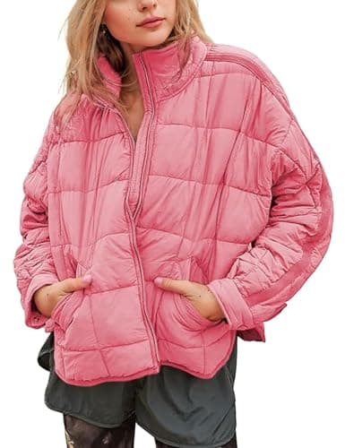 Image of Omoone Women's Quilted Puffer Jacket Zip Up Oversized Lightweight Padded Down Coat Outerwear, Pink, XL