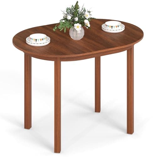 Image of COSTWAY Dining Table for 4-6, 110cm Wooden Kitchen Table with Rubber Wood Legs, Curved Corners & Anti-slip Foot Pads, Dinner Tables for Home Living Room Office (Oval, Walnut)