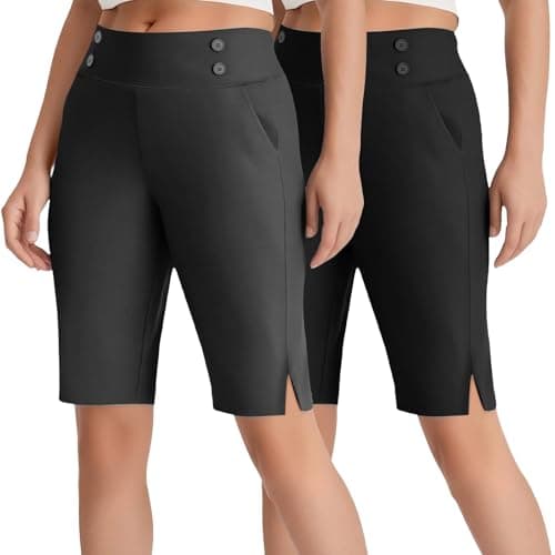 Image of 2 Pack Capri Leggings Womens High Waisted Tummy Control Solid Gym Leggings Elastic Opaque Sports Short with Pockets Stretch Bermuda Pants Knee Length Shorts Yoga Gym Workout Golf Wide Casual Shorts