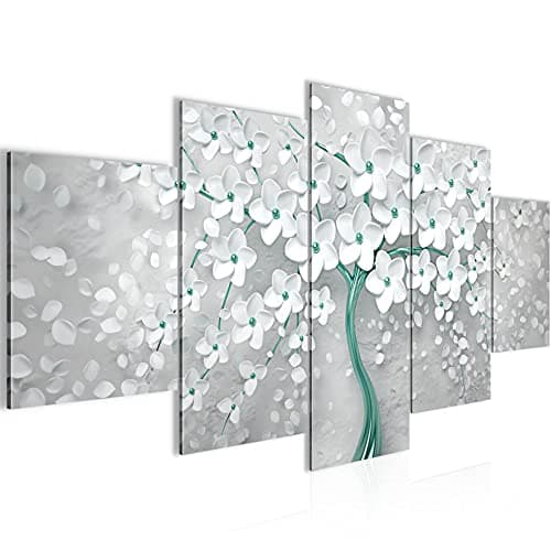 Image of Wall Art Flower 5 Pieces Canvas Pictures Non-woven for Living Room Abstract Tree White Turquoise 039752b