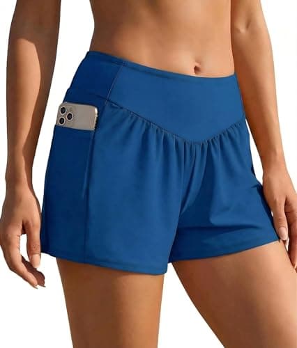 Image of Ekouaer Women Swim Shorts High Waisted Swimming Boardshorts Tummy Control Swimwear Beach Shorts with Pockets Liner, Blue L