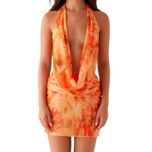 Image of FeMereina Women's Sexy Sleeveless Cowl Neck Open Back Sheer Mesh Halter Short Dress Plunge V Neck Mini Bodycon Club Party Dress (Orange#1, L)