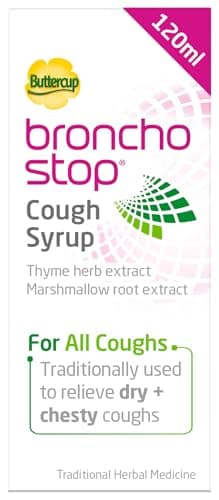 Image of Bronchostop Cough Syrup (120ml) - Relief for Dry or Chesty Coughs - with Natural Thyme Herb and Marshmallow Root Extract - Non Drowsy Cough Medicine that Can Be Diluted & Undiluted - Alcohol Free