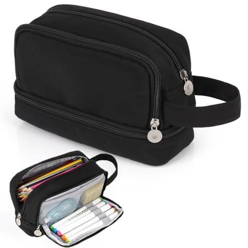 Image of Alyvisun Large Capacity Pencil Case with 3 Compartments for Boys Girls, Desk Stationery Organizer Pencil Pouch with Handle, Portable Pencil Case for School Office Supplies