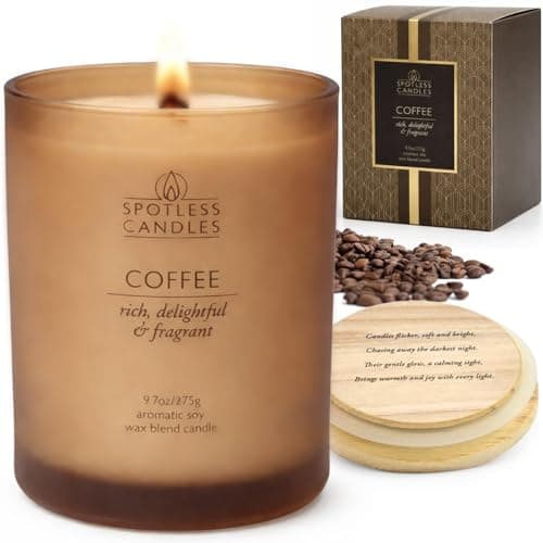 Image of Coffee Candle - 275g: 55 Hrs Burn Time - Frosted Jar Candles with Wooden Wick in Gift Box with Gold Foil Strip for Elegance - Coffee Scented Candle by by Spotless Leopard