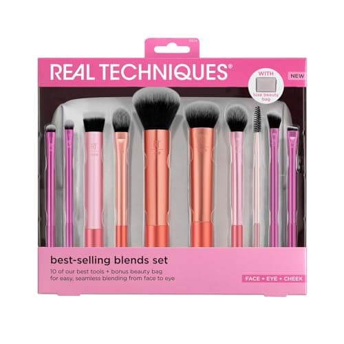 Image of Real Techniques Blends Set, 10-Piece Makeup Brush Collection with Beauty Bag for Face and Eye, Use with Liquid, Cream, or Powder, Vegan, Cruelty-Free, Travel-Friendly, Easy to Clean