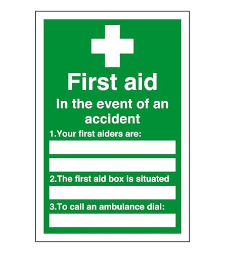 Image of First aid in the event of an accident - white box - safety sign - 1.2mm Rigid plastic for indoor/outdoor usage (150mm x 100mm) Viewing Distance within 3m.