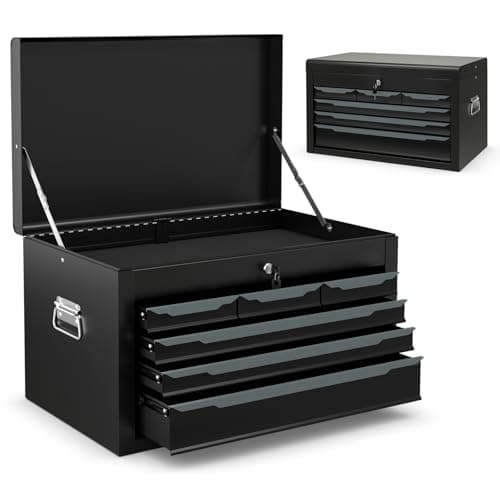 Image of COSTWAY 6 Drawer Tool Box, Lockable Metal Tool Chest with Top Storage Tray, Automatic Lock, 2 Keys, Ball Bearing Runners, EVA Liners & Carry Handle, Portable Toolbox Storage Cabinet (Black)