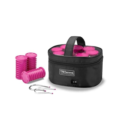 Image of TRESemmé 32mm Heated Hair Rollers – Set of 10 Large Hot Rollers for Volume & Curls, Dual Voltage Travel Set with Carry Case, Fast Heat Up to 125°C, Pink/Black, 3039U