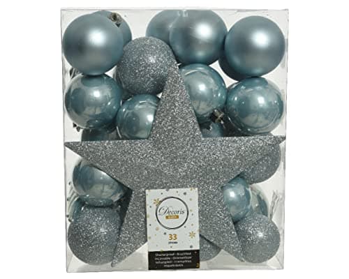 Image of Kaemingk Christmas Baubles Plastic 5-8 cm with Christmas Tree Topper Star Set of 33 Shatterproof Light Blue Fog Blue