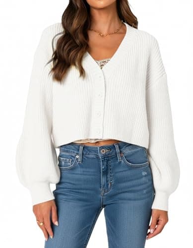 Image of Navneet Women Chunky Knit Cardigan Cropped Cardigan Sweaters Button Down Long Sleeve Crop Sweater Cozy Cardigans Fall Outfits White S