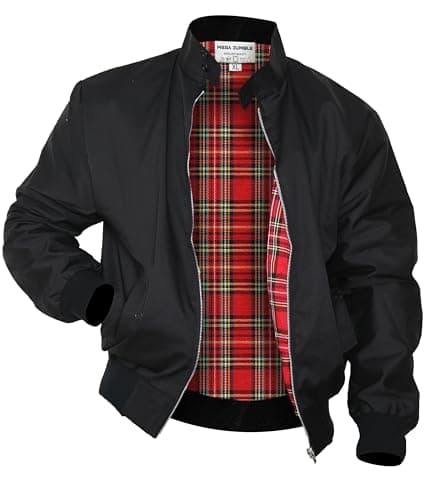 Image of Mega_Jumble Mens Vintage Harrington Jacket Classic Retro Mod Skin Scooter 1970's Bomber Tartan Check Lining Retro Style Coat (UK, Alpha, XL, Regular, Regular, Black)