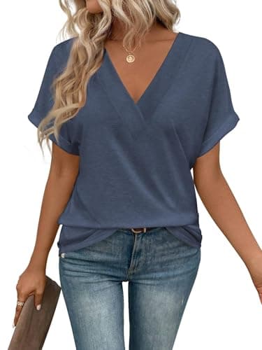 Image of Cuptacc Ladies T Shirts V Neck Navy Blue Tops for Women Tunic Summer Casual Dressy Womens Clothes Navy Blue, XX-Large XXL 24-26