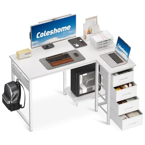 Image of Coleshome Computer Desk with Drawers, 100x70 cm Corner Desk for Home Office, Reversible L Shaped Office Desks White