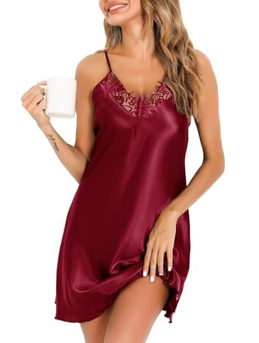 Image of Vlazom Women Sexy Negligees Satin Silk Lace Trim V-Neck Nightdress Spaghetti Strap Chemises Full Slips Sleepwear E-Purplish Red,L