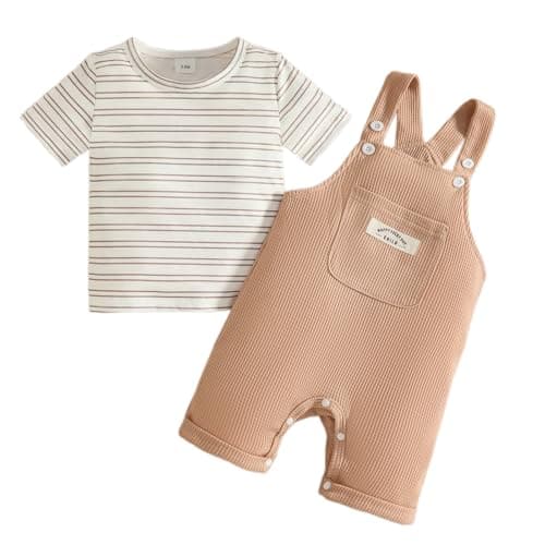 Image of Eqenkely Baby Boy Clothes Newborn Striped/Solid Color T-Shirt with Suspender Overall Shorts Set Summer Outfits Set Beige 18-24 Months
