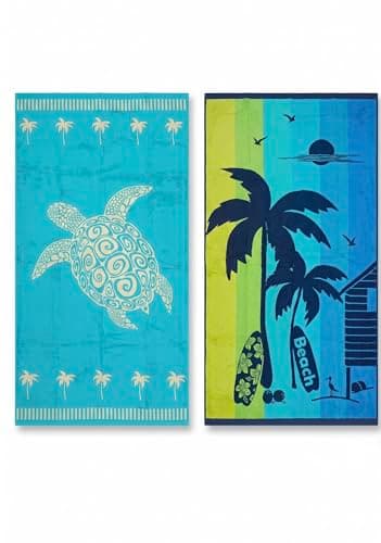 Image of 2 Pack Extra Large Egyptian Terry Beach Towel for Adults - 100% Ring-Spun Cotton - 90x170 cm Lightweight, Sand Free, Highly Absorbent, Soft and Quick Dry Beach Towels (Beach and Turtle)