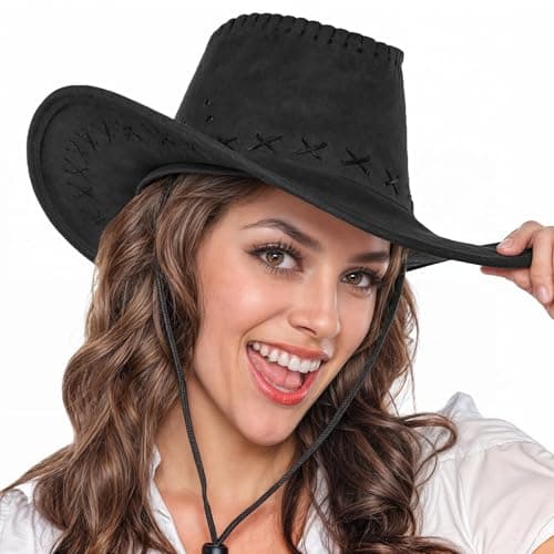 Image of Black Leather Cowboy Hat for Men and Women – Unisex Adult Texan Cowgirl Hat Fancy Dress Party Accessory