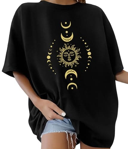 Image of Lonya Women's T-Shirts Oversized Tops for Women Y2k Sun and Moon Graphic Tee Round Neck Bohemia Vintage Ladies Short Sleeve Retro Summer Casual Baggy Cotton Tee Tops, H-Black, XL