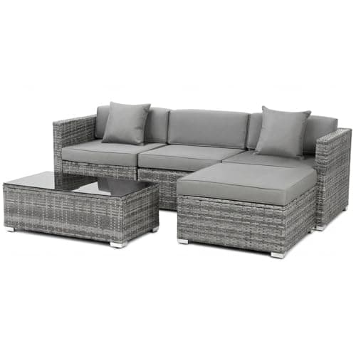 Image of Clevich 5Pcs Rattan Garden Furniture Sets, All-Weather PE Wicker Corner Sofa Set with Glass Coffee Table & Washable Cushions, Patio Outdoor Lounge Conversation Set for Garden, Balcony, Terrace