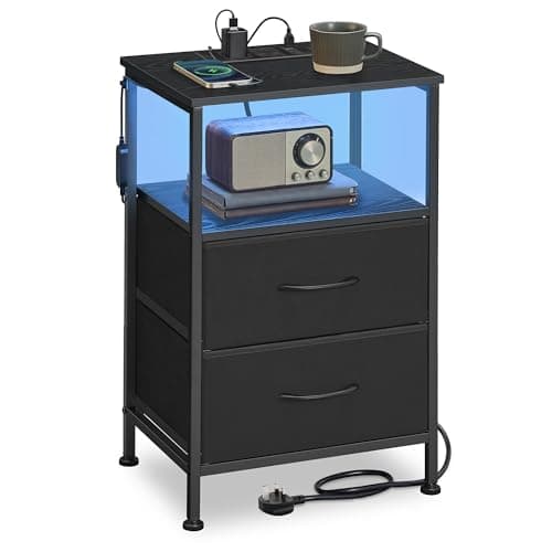 Image of SONGMICS BELLAH Collection - Bedside Table with Charging Station, Side End Table with APP-Controlled Adjustable LED Lights, 1 Open Shelf and 2 Drawers, Bedroom, Ink Black and Ebony Black LGS302BH03