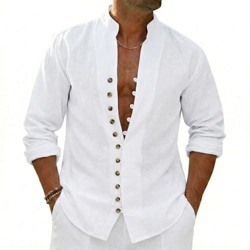 Image of Linen Shirts Men, Mens Linen Shirts Long Sleeve, Vintage Casual Loose Fit Mandarin Collar Button Down Shirt, Lightweight Breathable Summer Beach Holiday Top (UK, Alpha, XL, Regular, Regular)